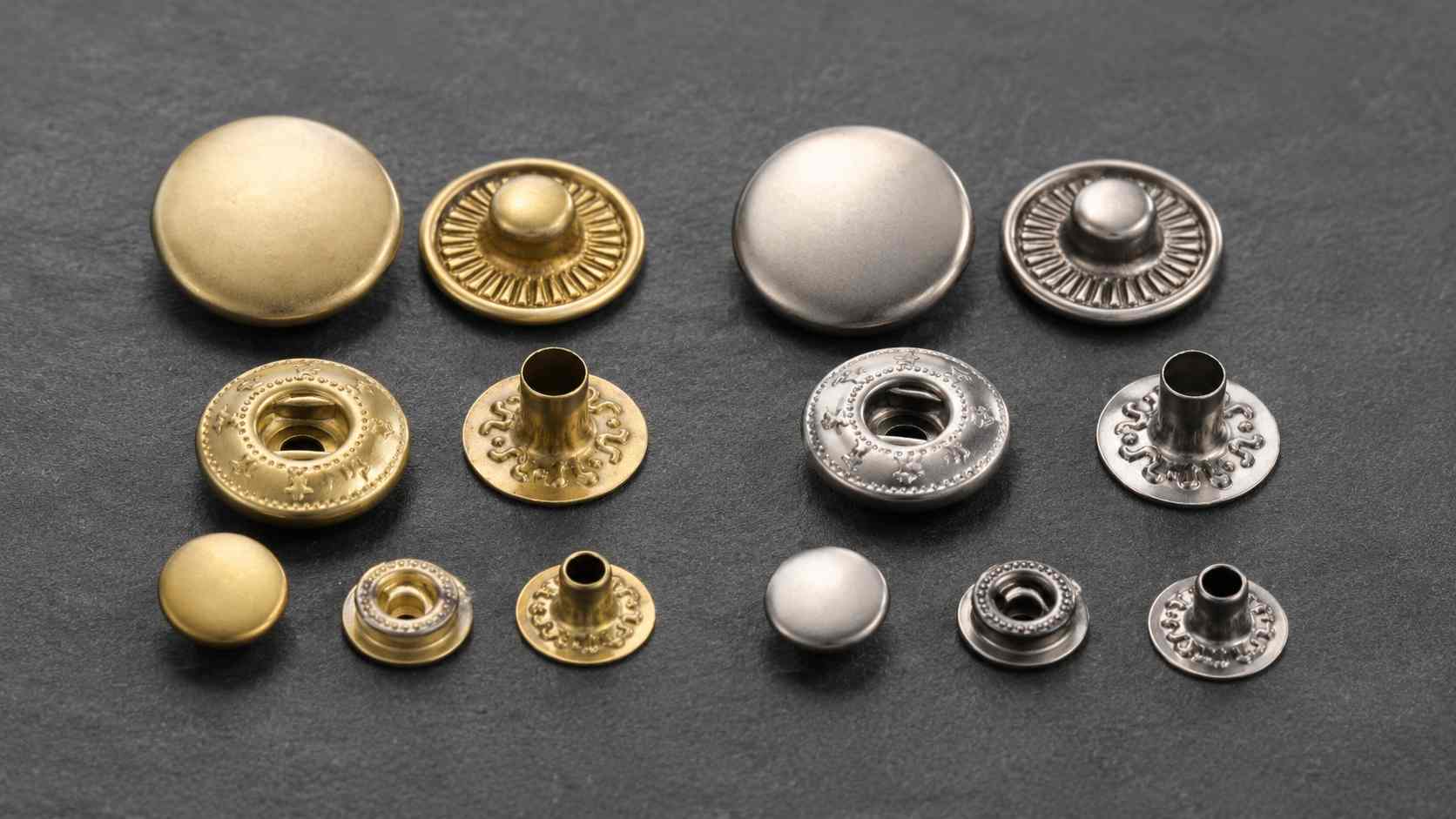 press button, The press button components in gold and silver finishes are displayed in several sizes on a dark surface.